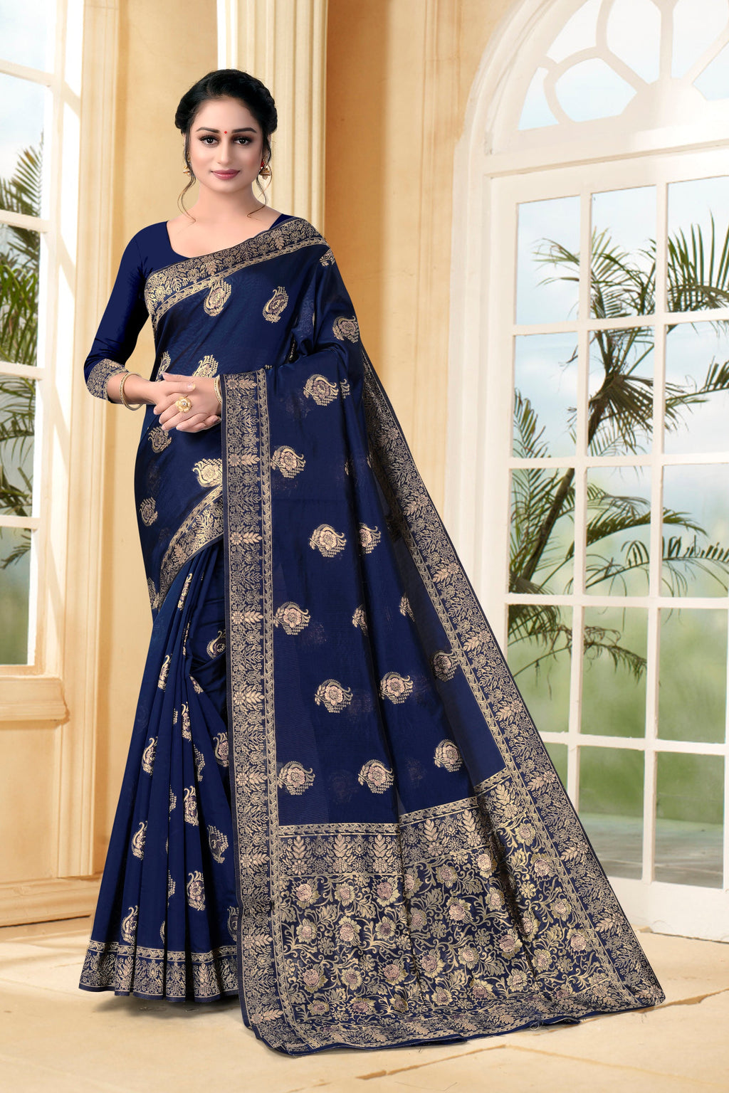 Vedant Vastram Litchi Silk Designer Banarasi Saree - Navy Blue | Grocsy