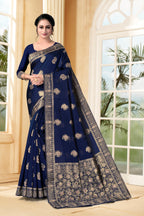 Vedant Vastram Litchi Silk Designer Banarasi Saree - Navy Blue | Grocsy