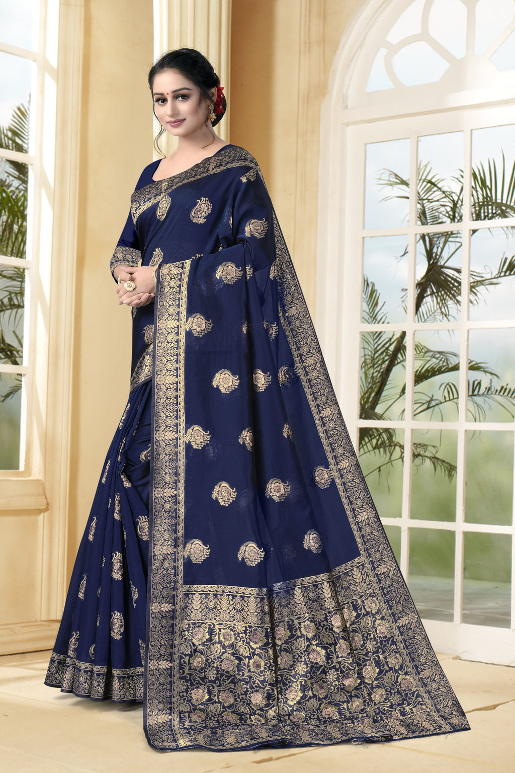 Vedant Vastram Litchi Silk Designer Banarasi Saree - Navy Blue | Grocsy