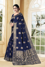 Vedant Vastram Litchi Silk Designer Banarasi Saree - Navy Blue | Grocsy