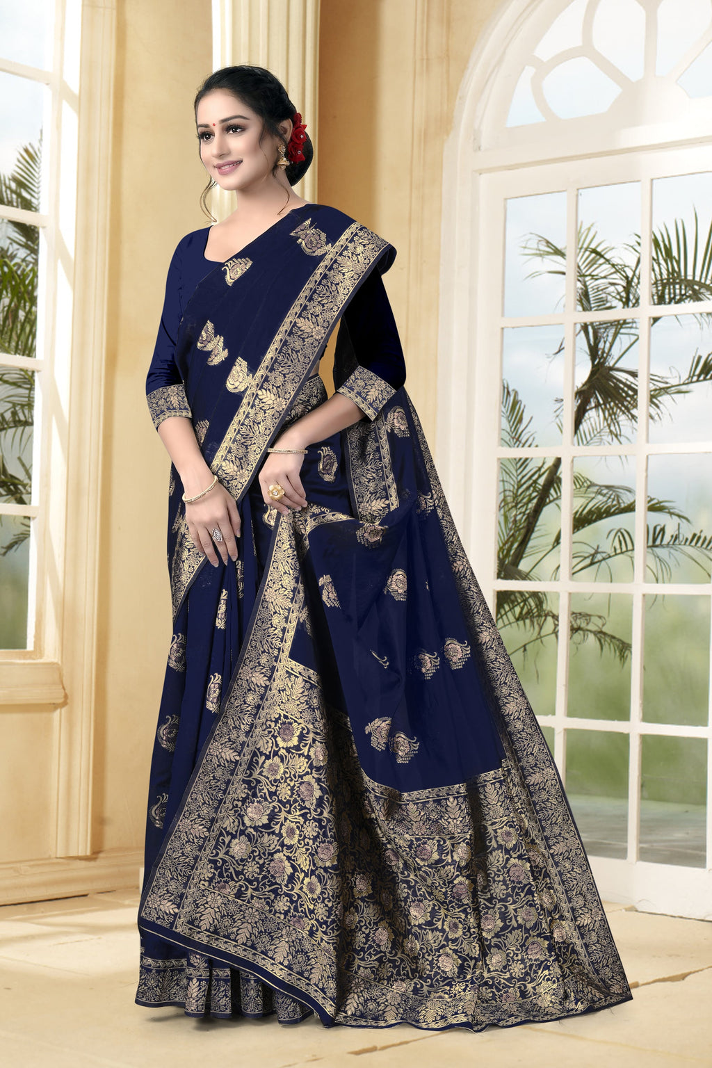 Vedant Vastram Litchi Silk Designer Banarasi Saree - Navy Blue | Grocsy