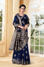 Vedant Vastram Litchi Silk Designer Banarasi Saree - Navy Blue | Grocsy