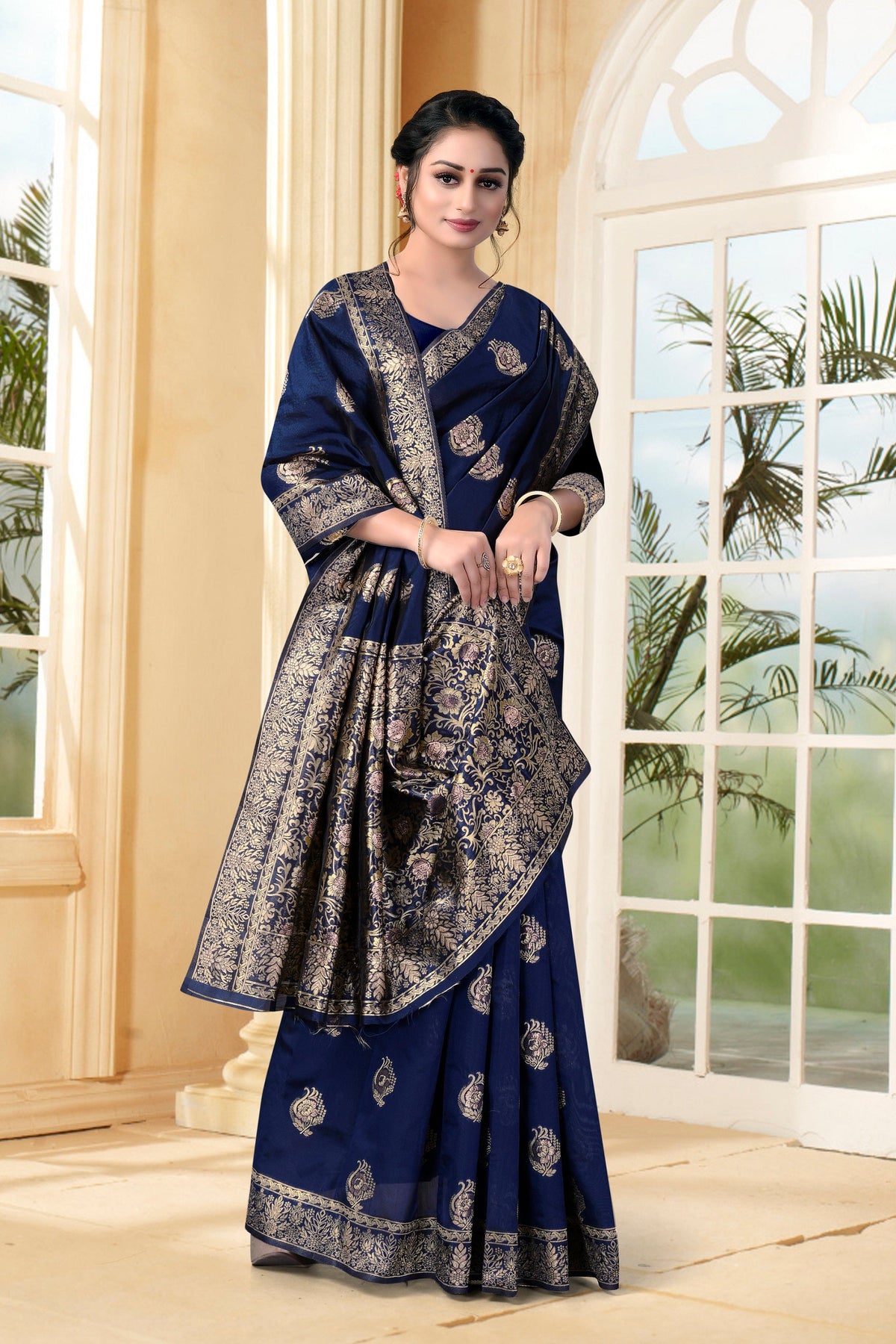 Vedant Vastram Litchi Silk Designer Banarasi Saree - Navy Blue | Grocsy