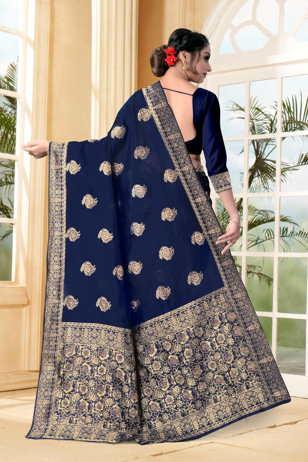 Vedant Vastram Litchi Silk Designer Banarasi Saree - Navy Blue | Grocsy