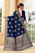 Vedant Vastram Litchi Silk Designer Banarasi Saree - Navy Blue | Grocsy