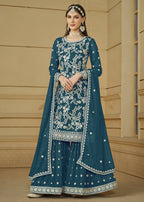 Turquoise Blue Embroidered Georgette Gharara Style Suit - Emponline | Grocsy