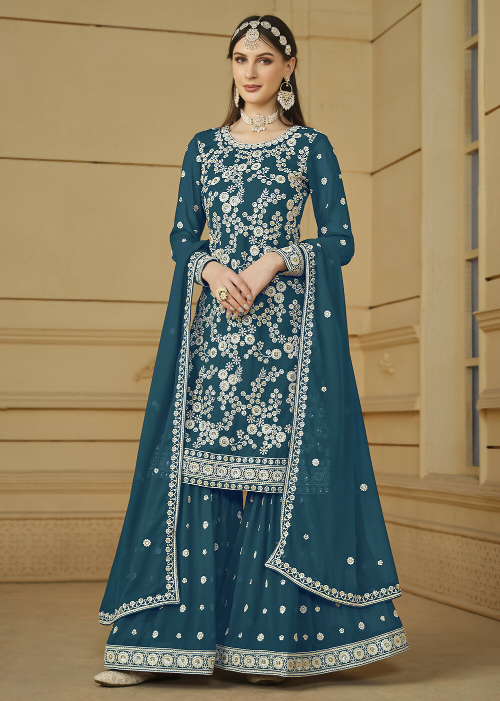 Turquoise Blue Embroidered Georgette Gharara Style Suit - Emponline | Grocsy