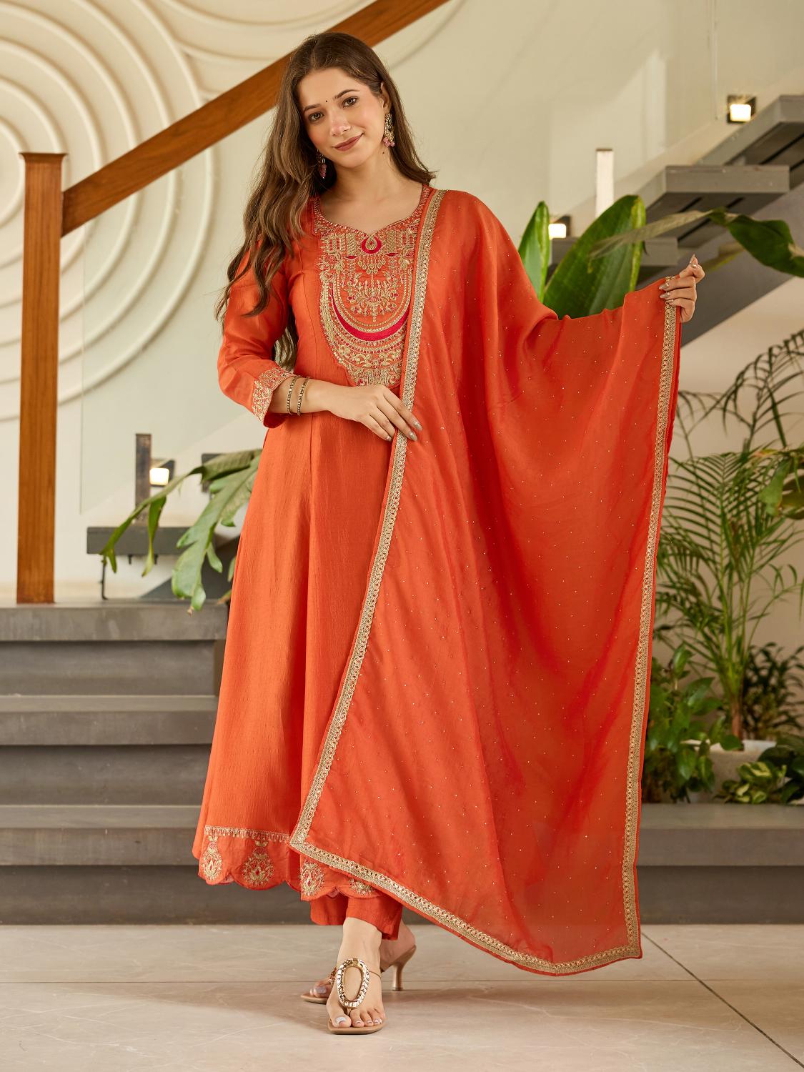 The52 Women's Gorgeous Embroidery Vichitra Silk Fabric Flared Kurta, Pant and Dupatta Set | Grocsy