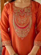 The52 Women's Gorgeous Embroidery Vichitra Silk Fabric Flared Kurta, Pant and Dupatta Set | Grocsy