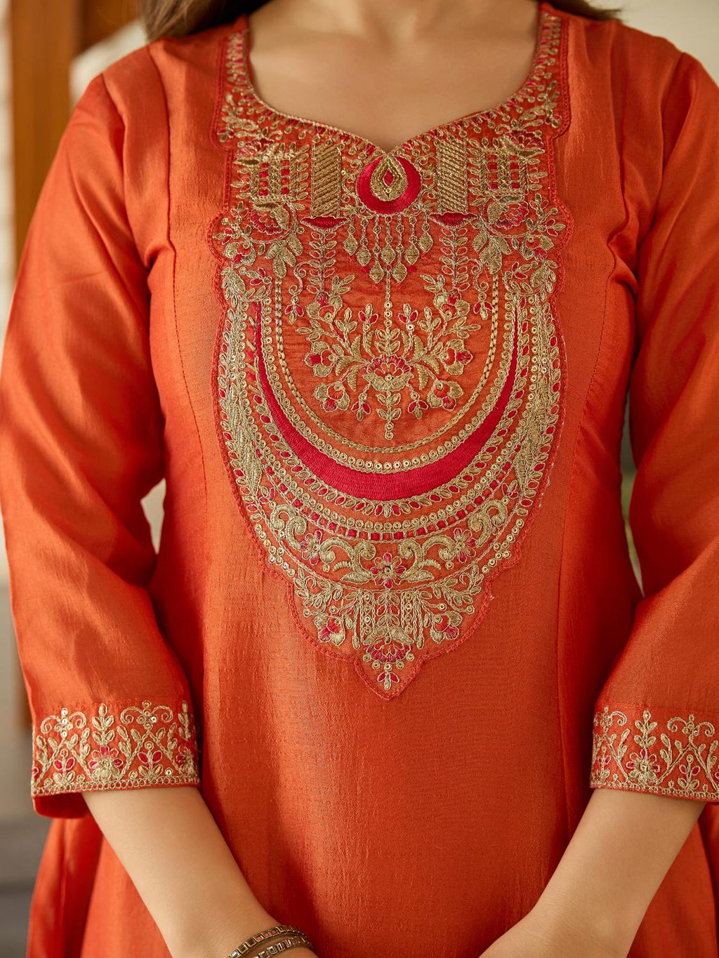 The52 Women's Gorgeous Embroidery Vichitra Silk Fabric Flared Kurta, Pant and Dupatta Set | Grocsy