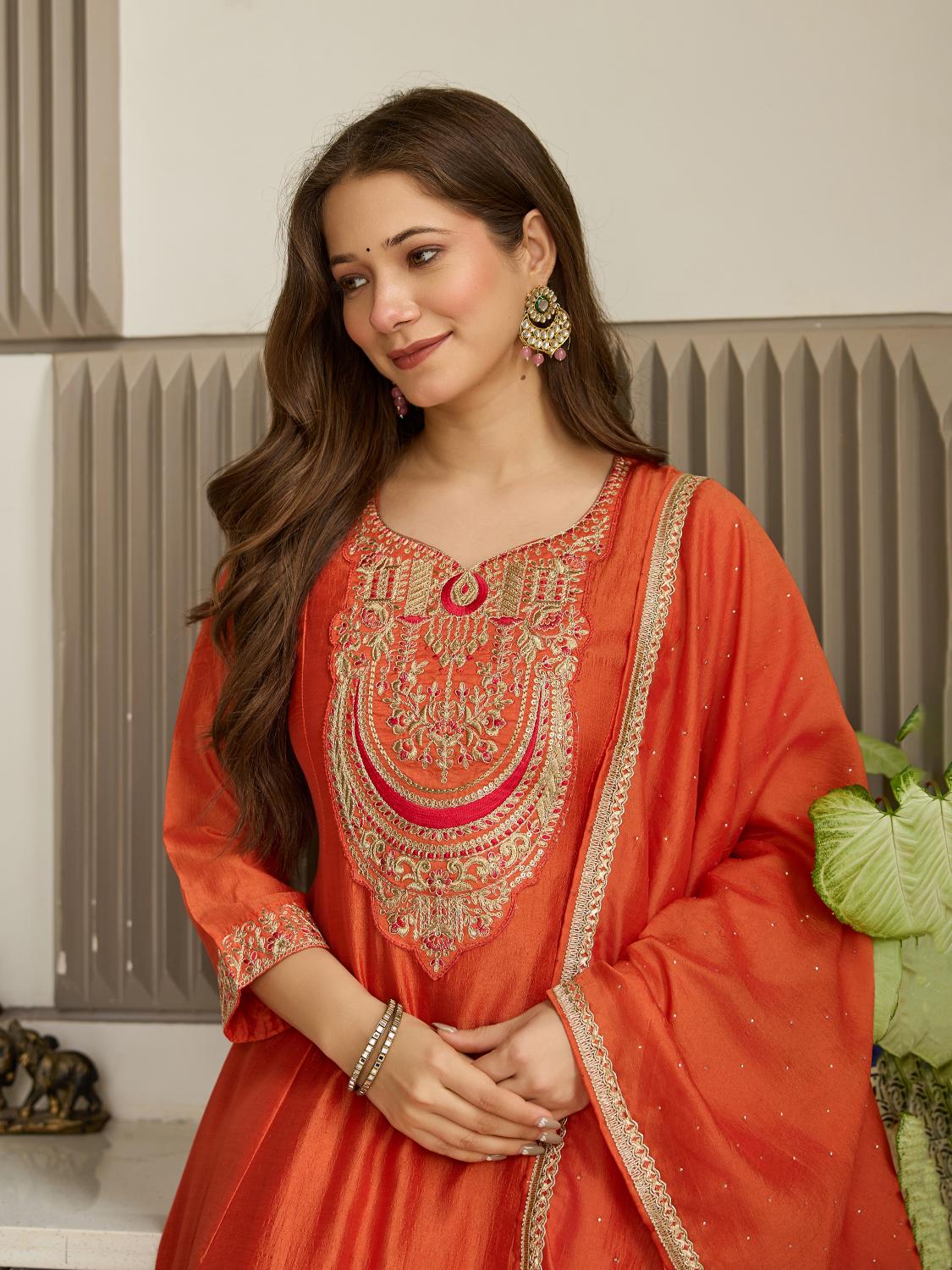 The52 Women's Gorgeous Embroidery Vichitra Silk Fabric Flared Kurta, Pant and Dupatta Set | Grocsy
