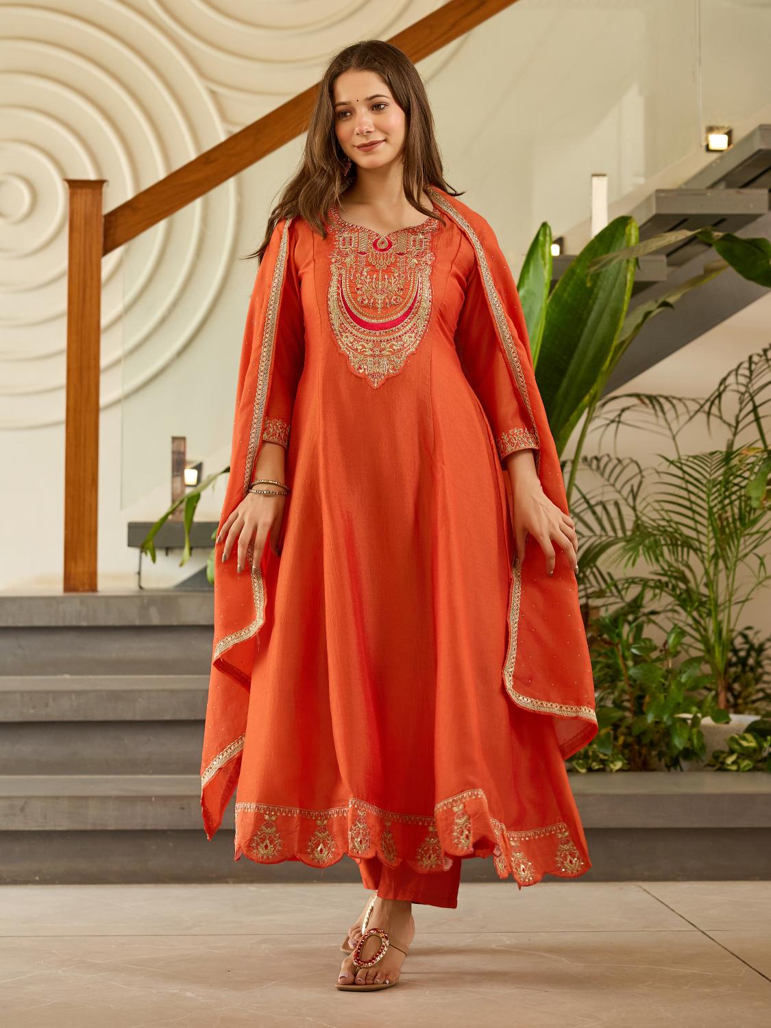 The52 Women's Gorgeous Embroidery Vichitra Silk Fabric Flared Kurta, Pant and Dupatta Set | Grocsy