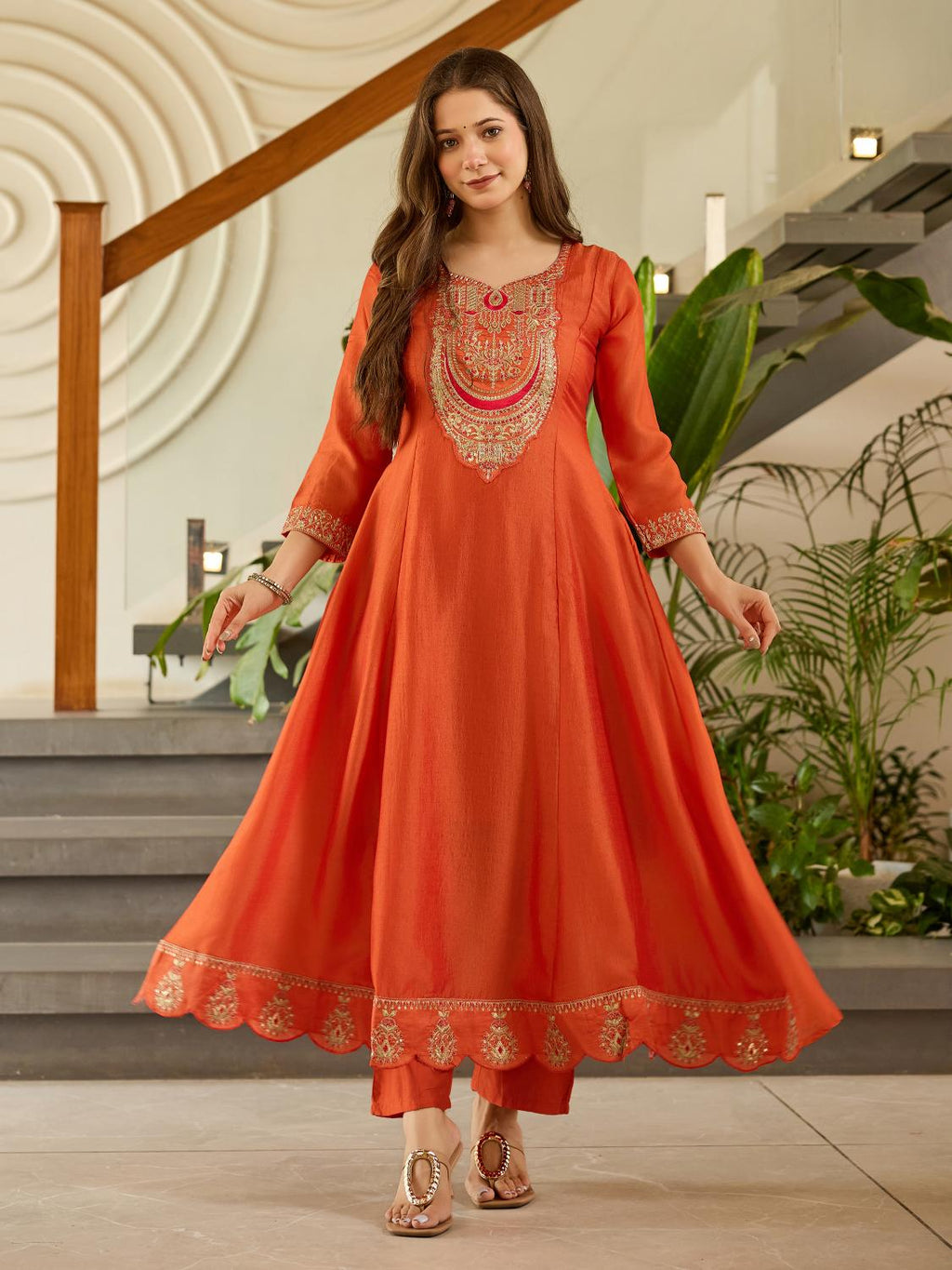The52 Women's Gorgeous Embroidery Vichitra Silk Fabric Flared Kurta, Pant and Dupatta Set | Grocsy