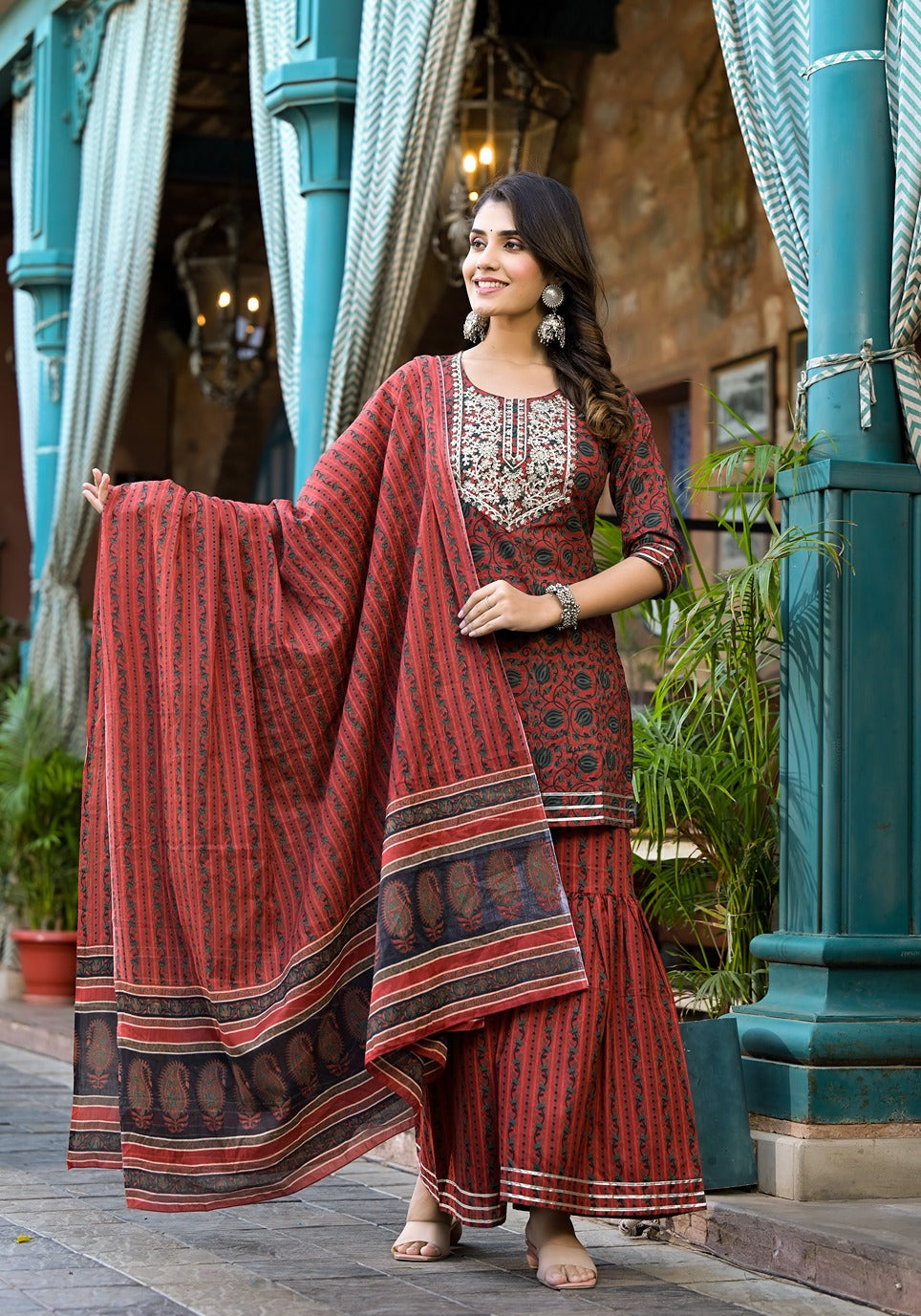 Yufta Rust Ethnic Motifs Dori_Embroidery Kurta Sharara With Dupatta Set | Grocsy