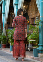 Yufta Rust Ethnic Motifs Dori_Embroidery Kurta Sharara With Dupatta Set | Grocsy