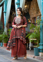 Yufta Rust Ethnic Motifs Dori_Embroidery Kurta Sharara With Dupatta Set | Grocsy