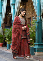 Yufta Rust Ethnic Motifs Dori_Embroidery Kurta Sharara With Dupatta Set | Grocsy
