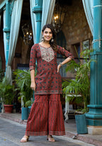Yufta Rust Ethnic Motifs Dori_Embroidery Kurta Sharara With Dupatta Set | Grocsy