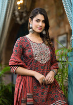 Yufta Rust Ethnic Motifs Dori_Embroidery Kurta Sharara With Dupatta Set | Grocsy