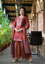 Yufta Rust Floral Sequins_Work Kurta Sharara With Dupatta Set | Grocsy