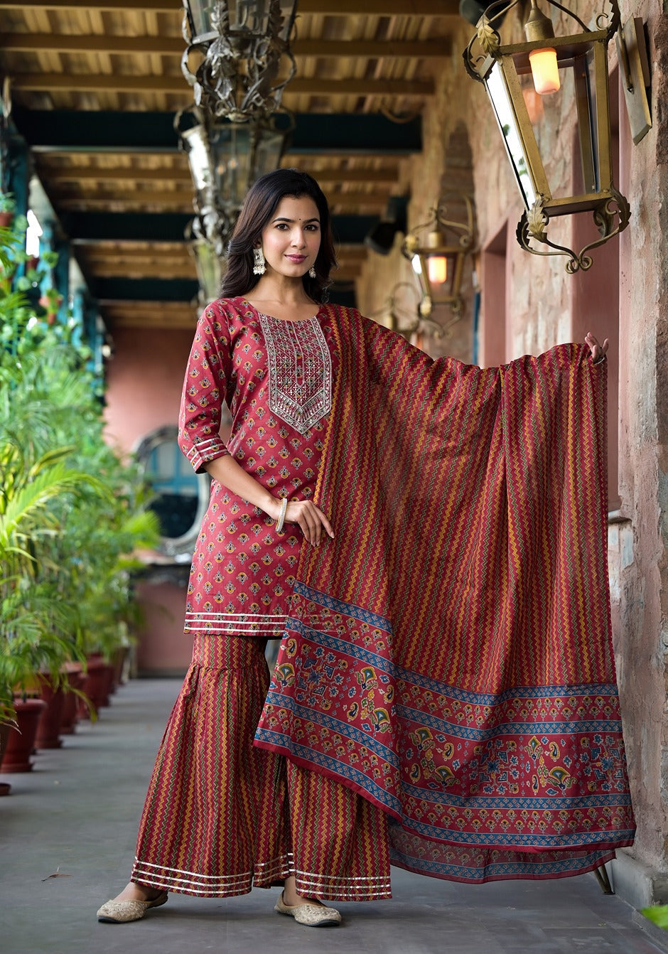 Yufta Rust Floral Sequins_Work Kurta Sharara With Dupatta Set | Grocsy