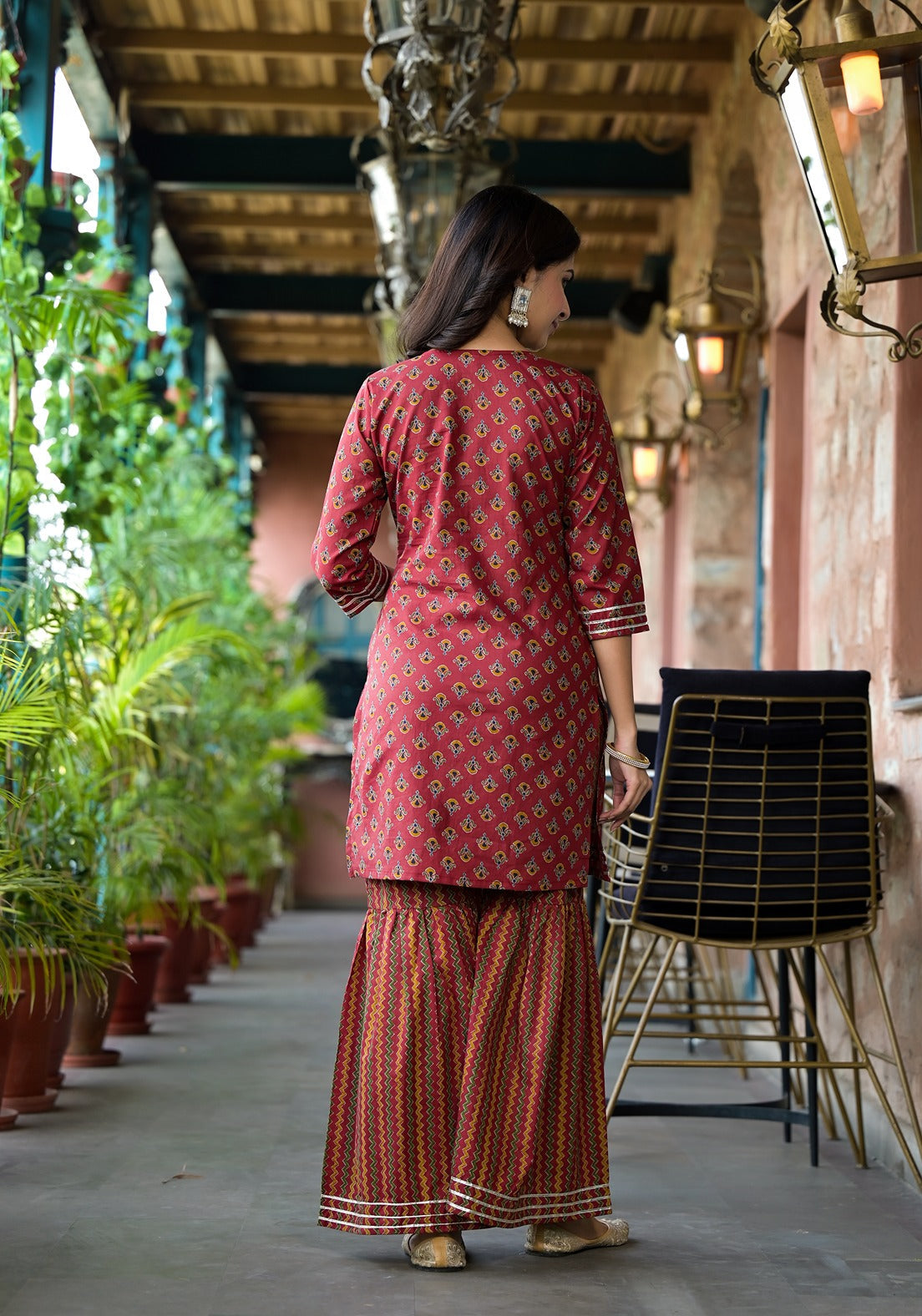 Yufta Rust Floral Sequins_Work Kurta Sharara With Dupatta Set | Grocsy