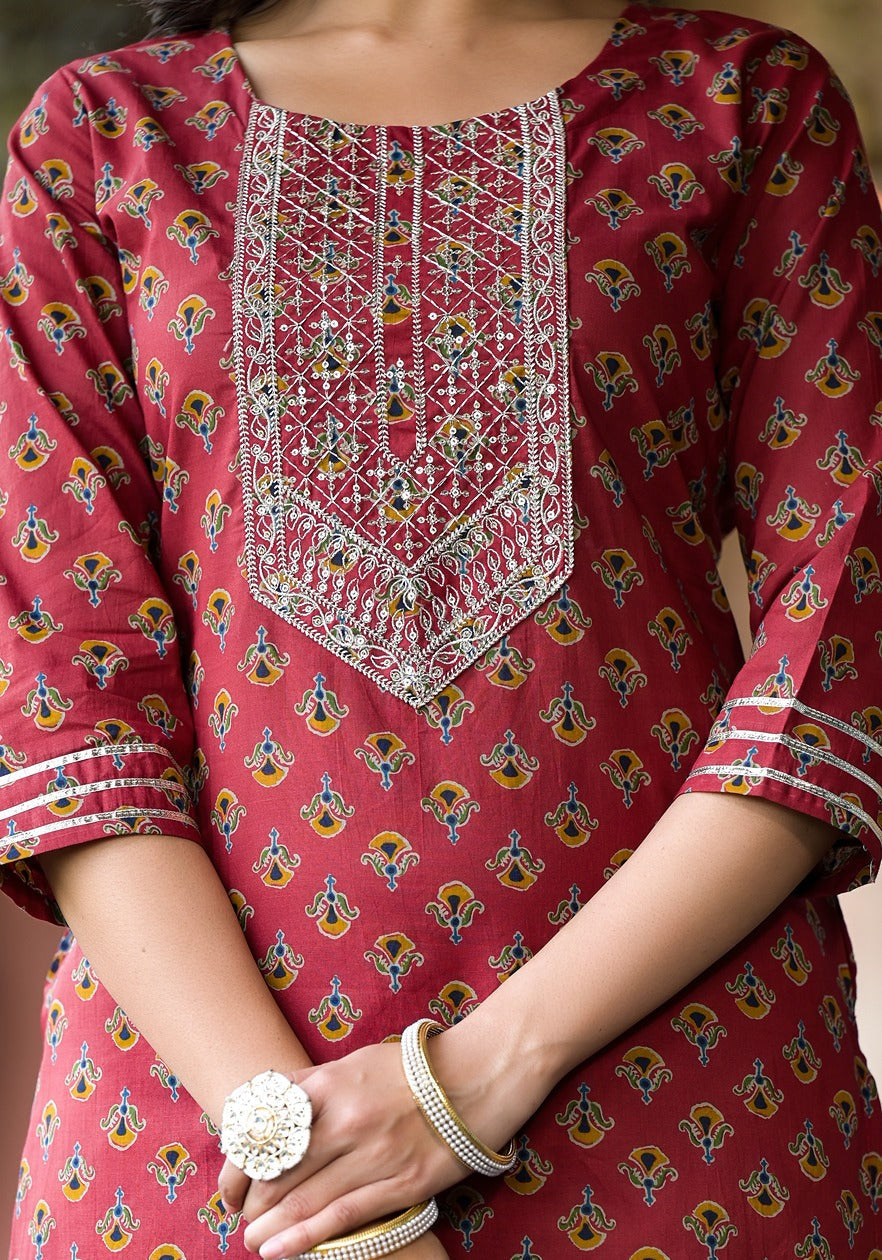 Yufta Rust Floral Sequins_Work Kurta Sharara With Dupatta Set | Grocsy