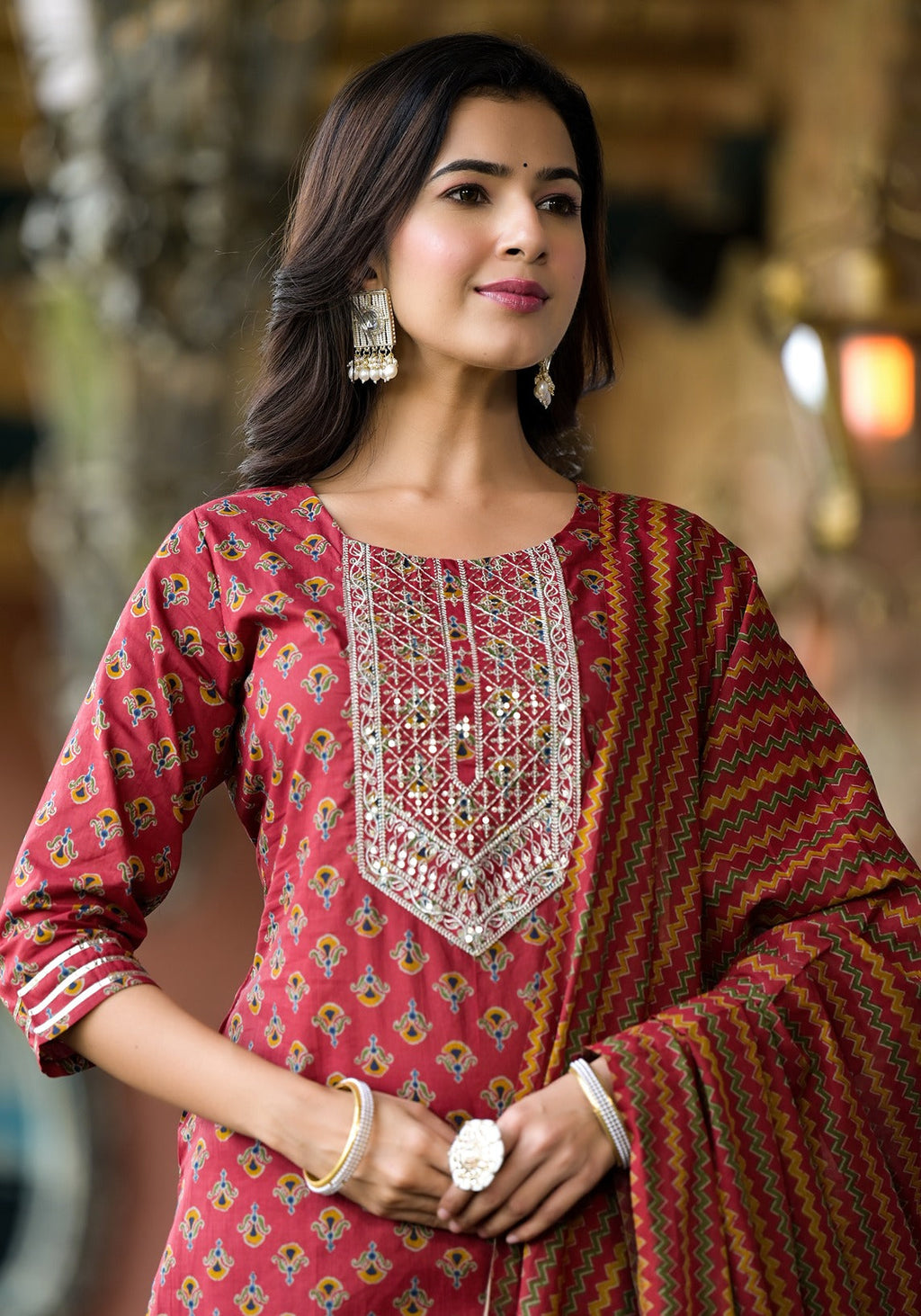 Yufta Rust Floral Sequins_Work Kurta Sharara With Dupatta Set | Grocsy