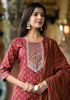 Yufta Rust Floral Sequins_Work Kurta Sharara With Dupatta Set | Grocsy