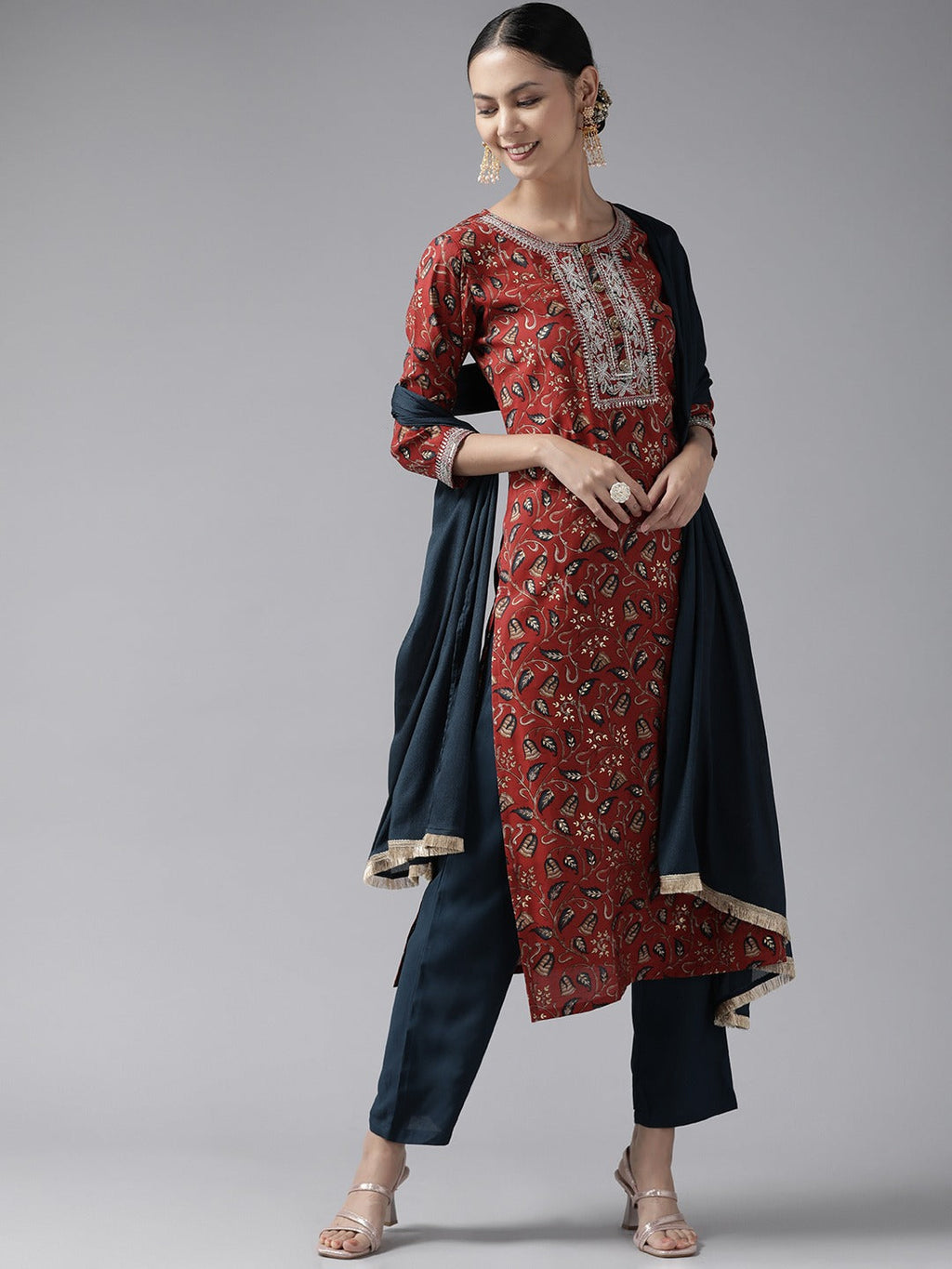 Yufta Rust Thread Work Dupatta Set | Grocsy