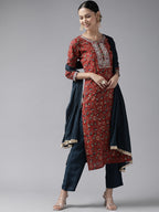 Yufta Rust Thread Work Dupatta Set | Grocsy