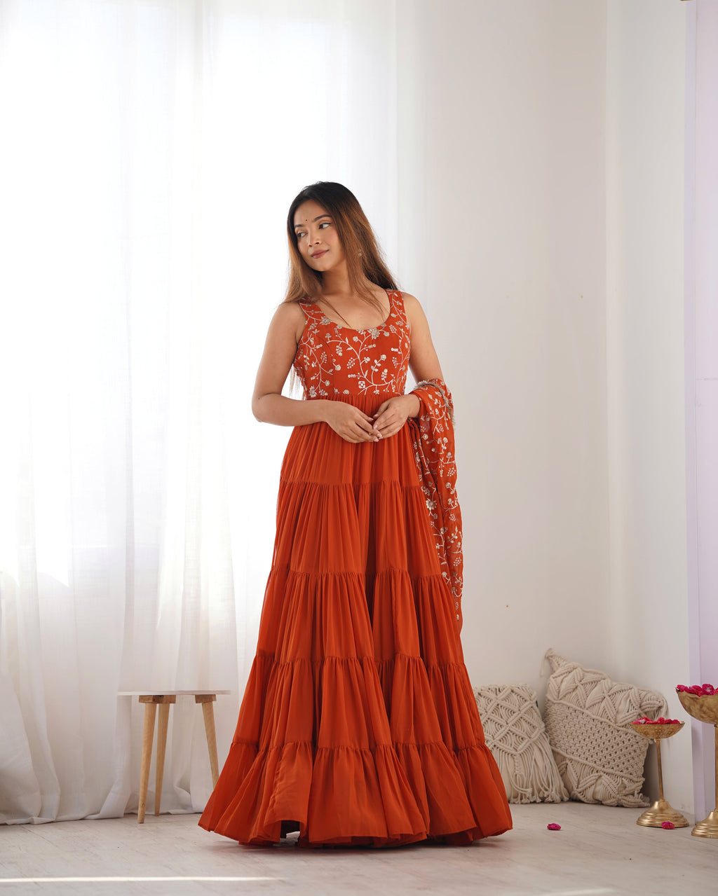 Lorenvalley Rust Faux Georgette Layer Gathering Anarkali Pant With Dupatta Set | Grocsy