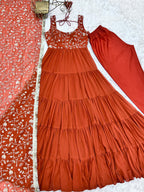 Lorenvalley Rust Faux Georgette Layer Gathering Anarkali Pant With Dupatta Set | Grocsy