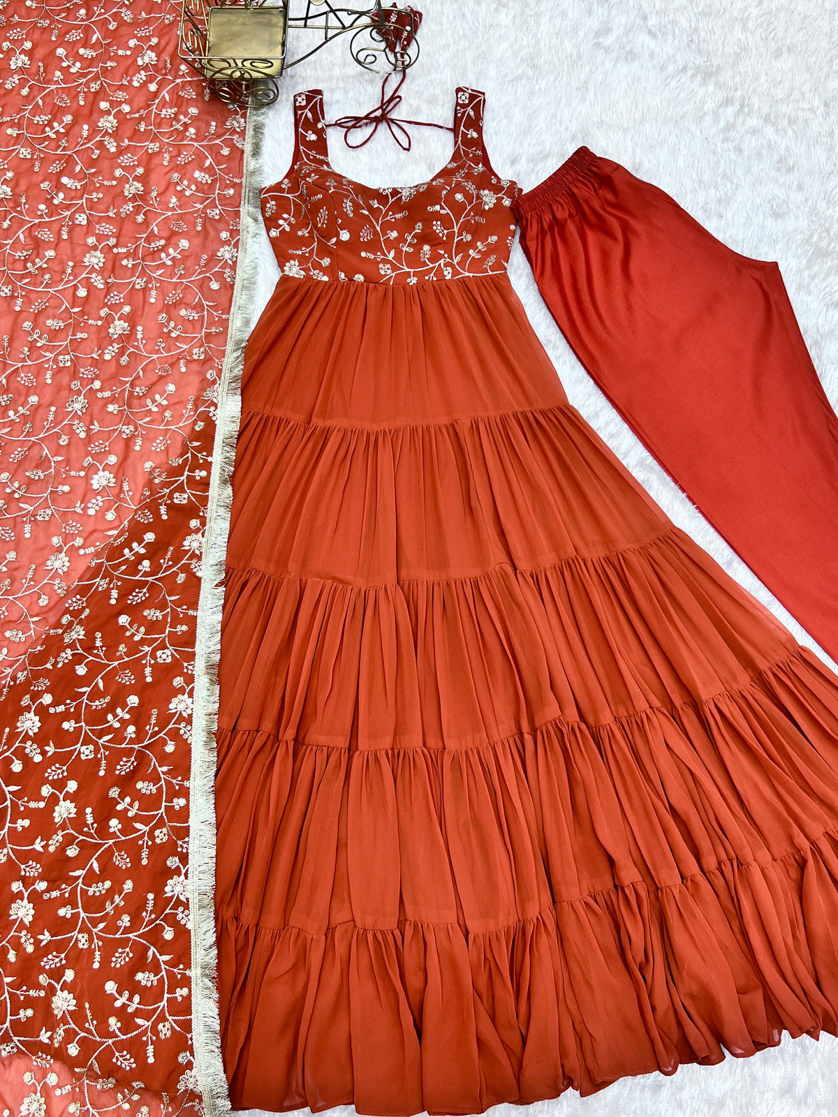 Lorenvalley Rust Faux Georgette Layer Gathering Anarkali Pant With Dupatta Set | Grocsy