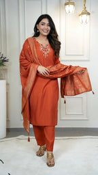 Lorenvalley Fashion Rust Roman Silk Hand Work Kurta Pant with Dupatta | Grocsy