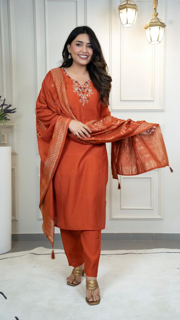 Lorenvalley Fashion Rust Roman Silk Hand Work Kurta Pant with Dupatta | Grocsy