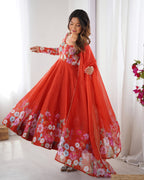Lorenvalley Rust Soft Organza Silk With Floral Print Fully Flared Anarkali Pant With Dupatta Set | Grocsy