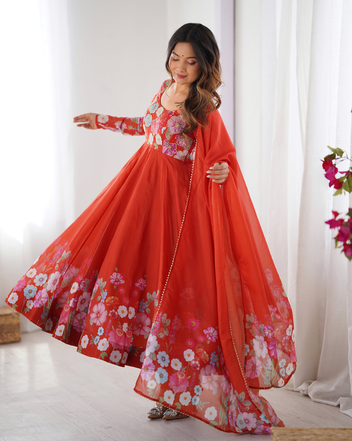 Lorenvalley Rust Soft Organza Silk With Floral Print Fully Flared Anarkali Pant With Dupatta Set | Grocsy