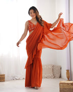 Lorenvalley Rust Faux Georgette Ready To Wear Sharara Saree with Full Stitched Blouse | Grocsy