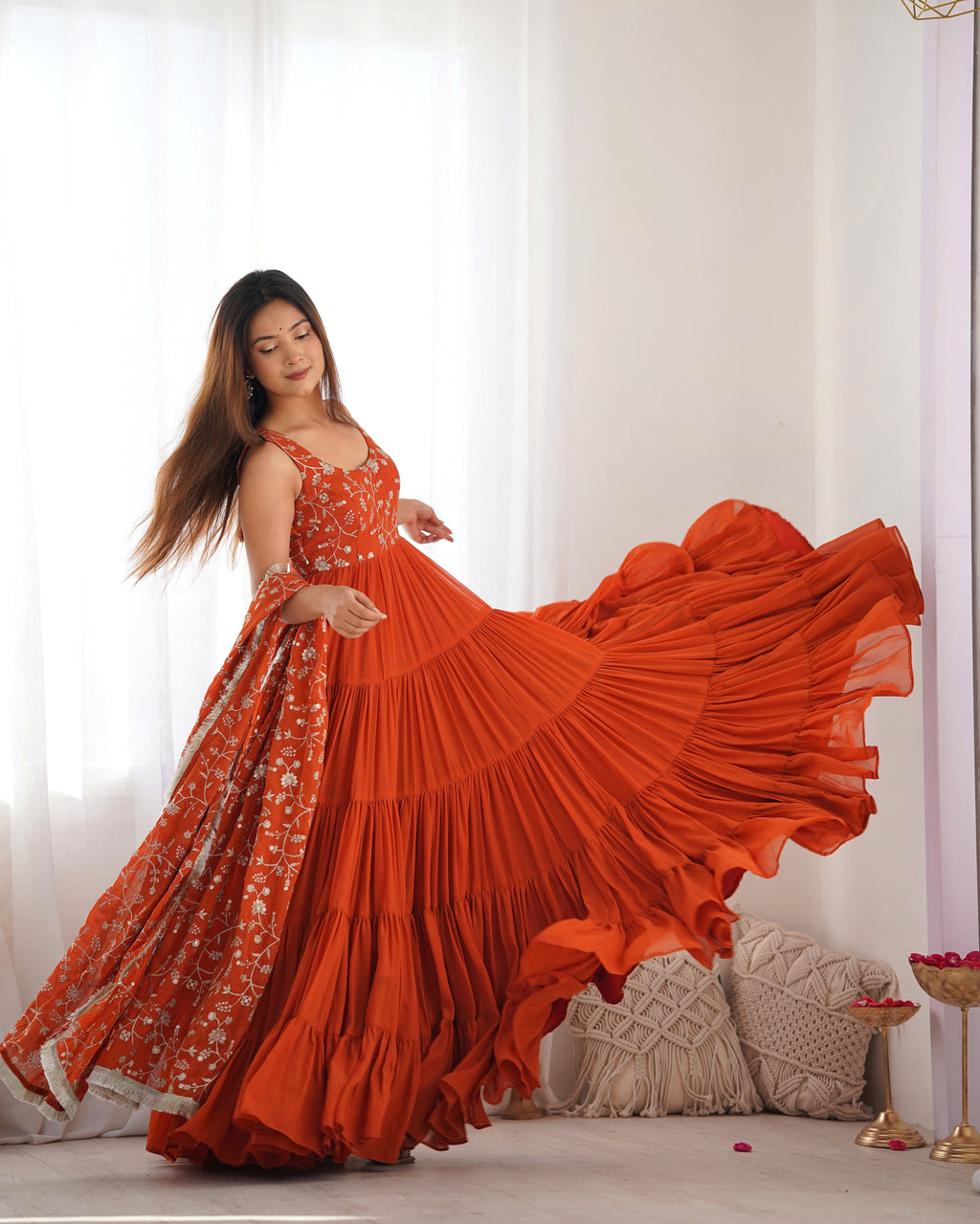 Lorenvalley Rust Faux Georgette Layer Gathering Anarkali Pant With Dupatta Set | Grocsy