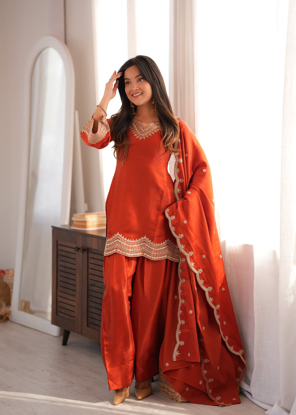 Lorenvalley Fashion Rust Glass Roman Silk with Embroidery Sequence Dori and Jari Work Kurta Farshi Salwar with Dupatta | Grocsy