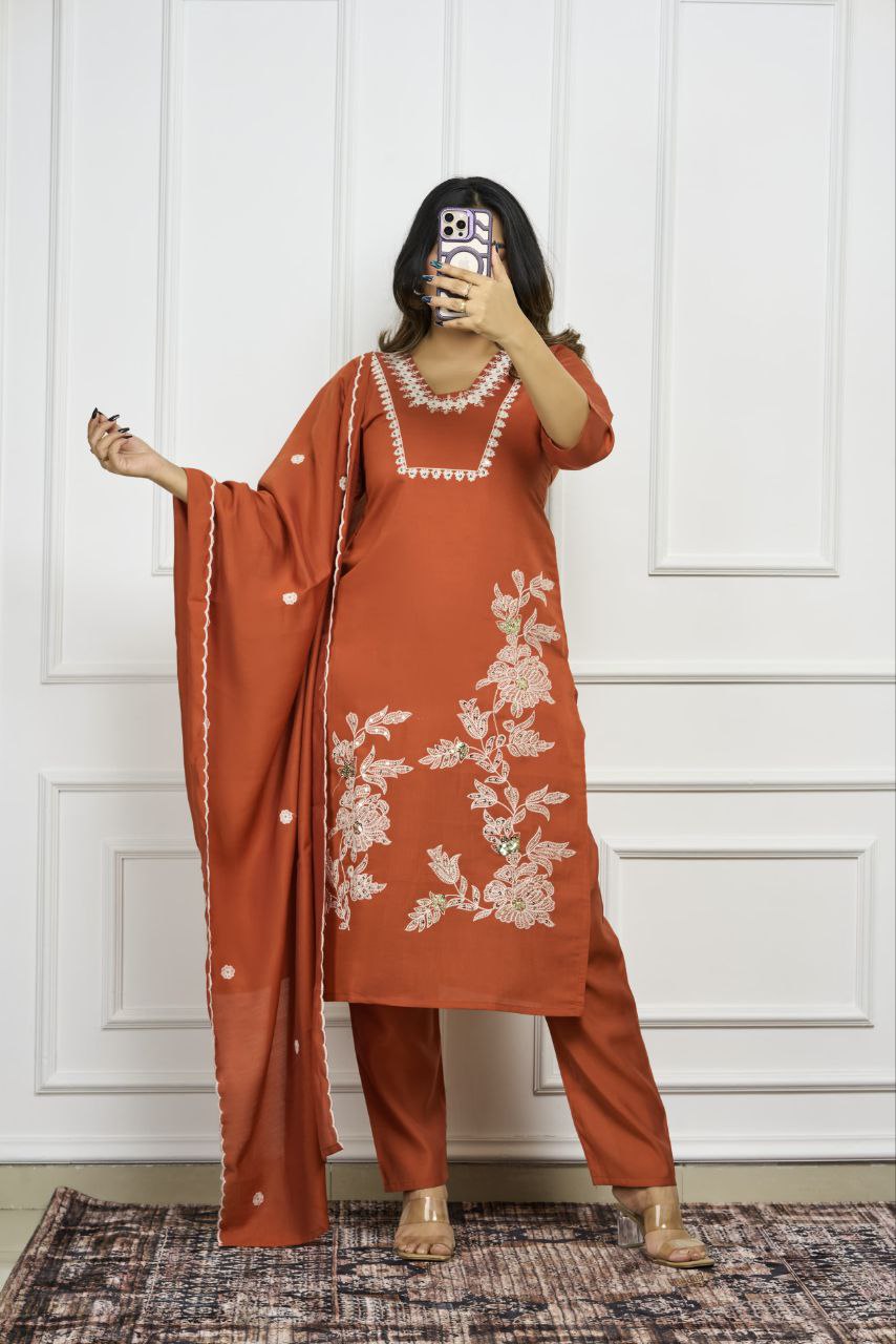 Lorenvalley Fashion Rust Roman Silk Embroidery with Sequence Work Kurta Pant with Dupatta | Grocsy