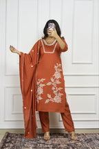 Lorenvalley Fashion Rust Roman Silk Embroidery with Sequence Work Kurta Pant with Dupatta | Grocsy