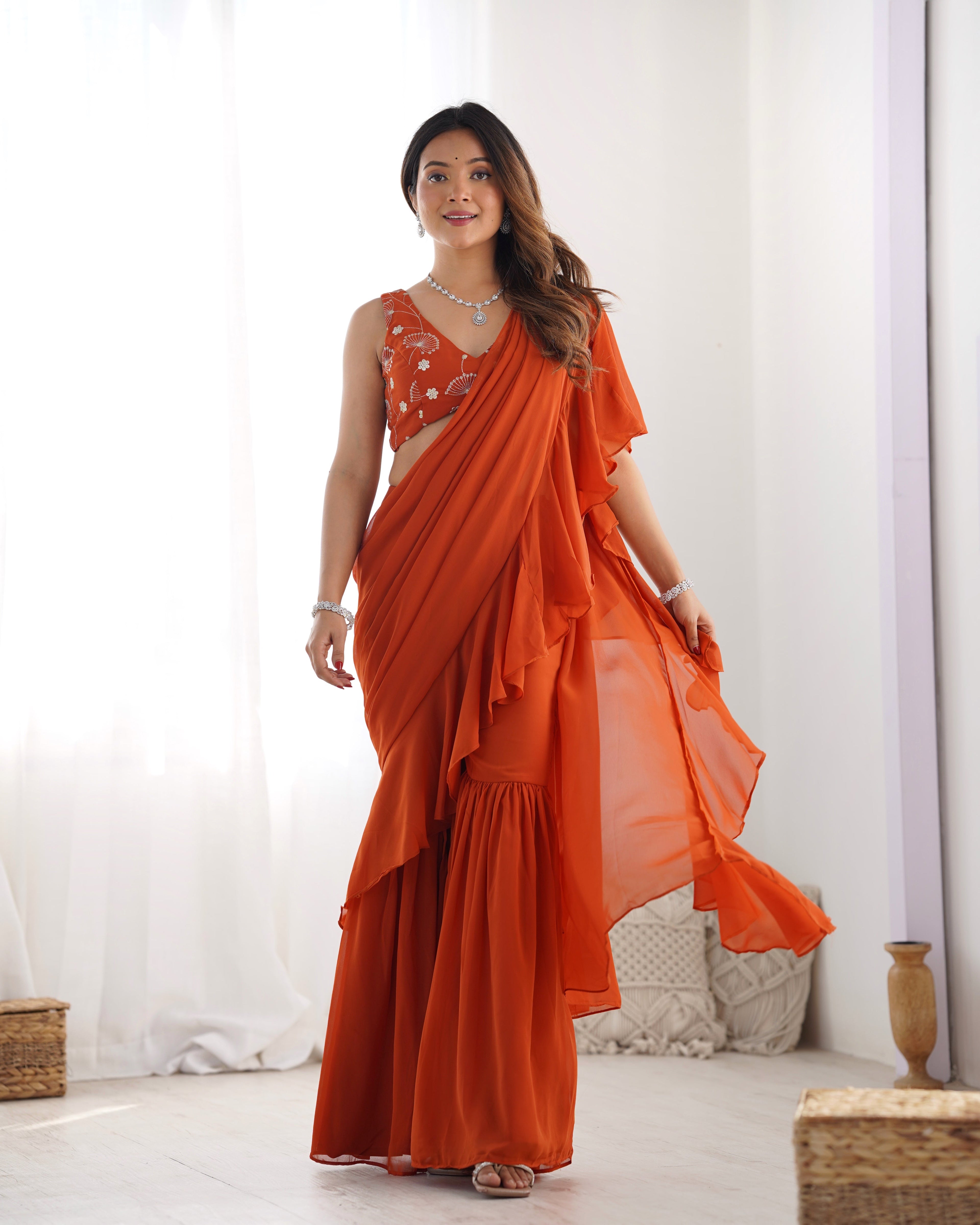 Lorenvalley Rust Faux Georgette Ready To Wear Sharara Saree with Full Stitched Blouse | Grocsy