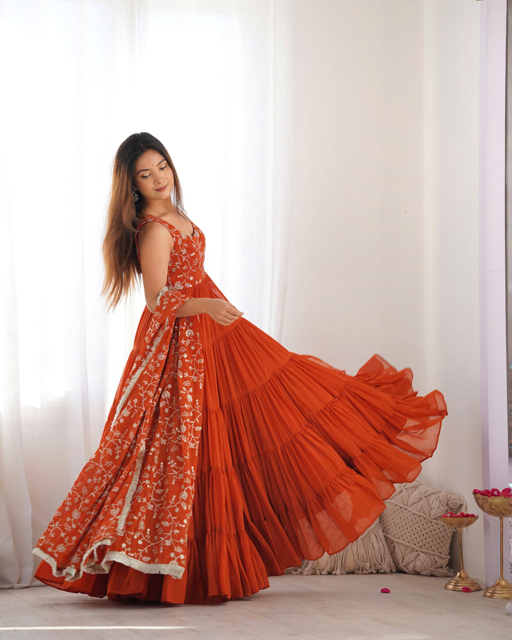 Lorenvalley Rust Faux Georgette Layer Gathering Anarkali Pant With Dupatta Set | Grocsy