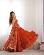 Lorenvalley Rust Faux Georgette Layer Gathering Anarkali Pant With Dupatta Set | Grocsy