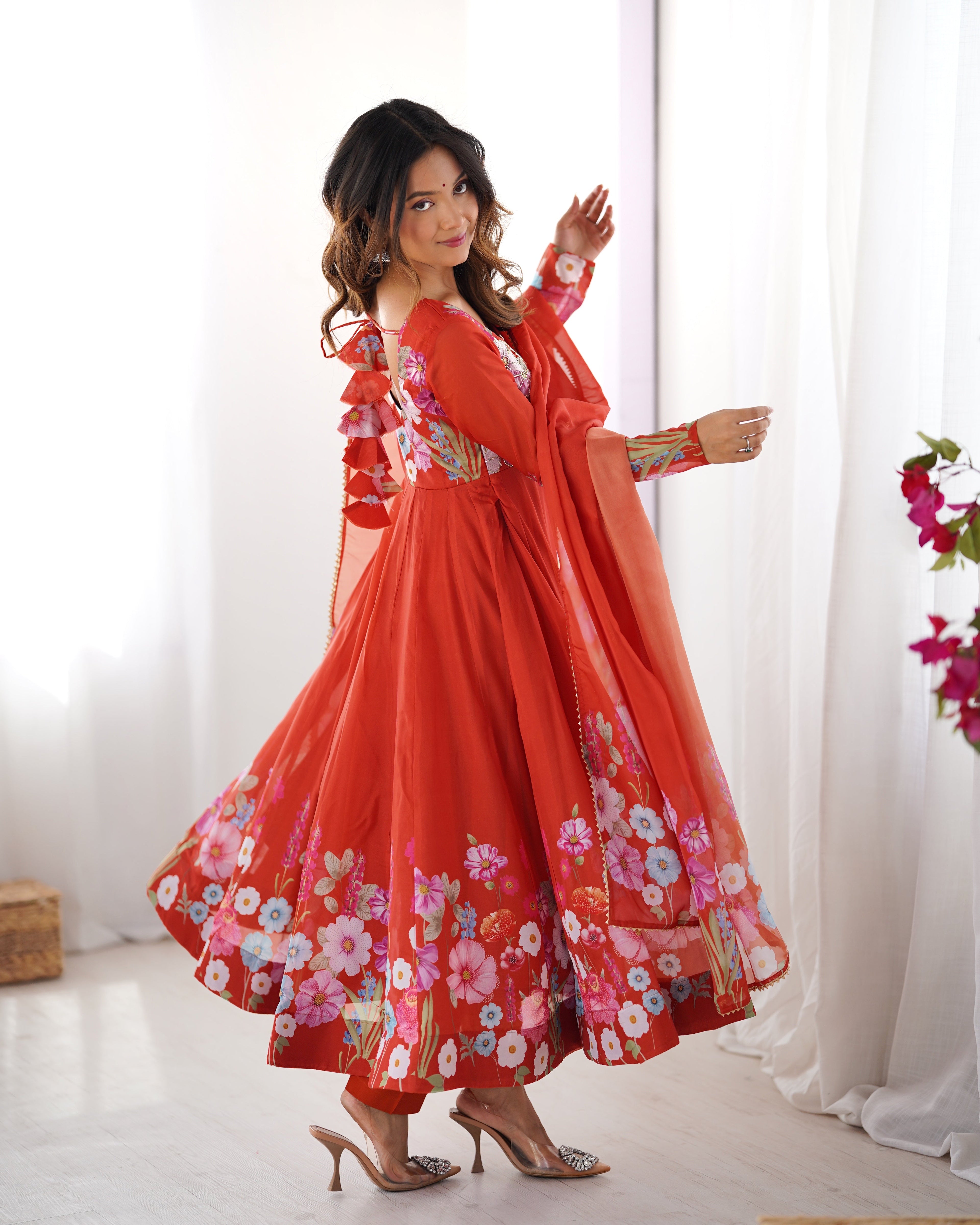 Lorenvalley Rust Soft Organza Silk With Floral Print Fully Flared Anarkali Pant With Dupatta Set | Grocsy