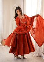 Lorenvalley Fashion Rust Roman Chanderi Silk Thread Work Anarkali Pants with Dupatta | Grocsy