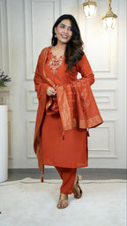 Lorenvalley Fashion Rust Roman Silk Hand Work Kurta Pant with Dupatta | Grocsy
