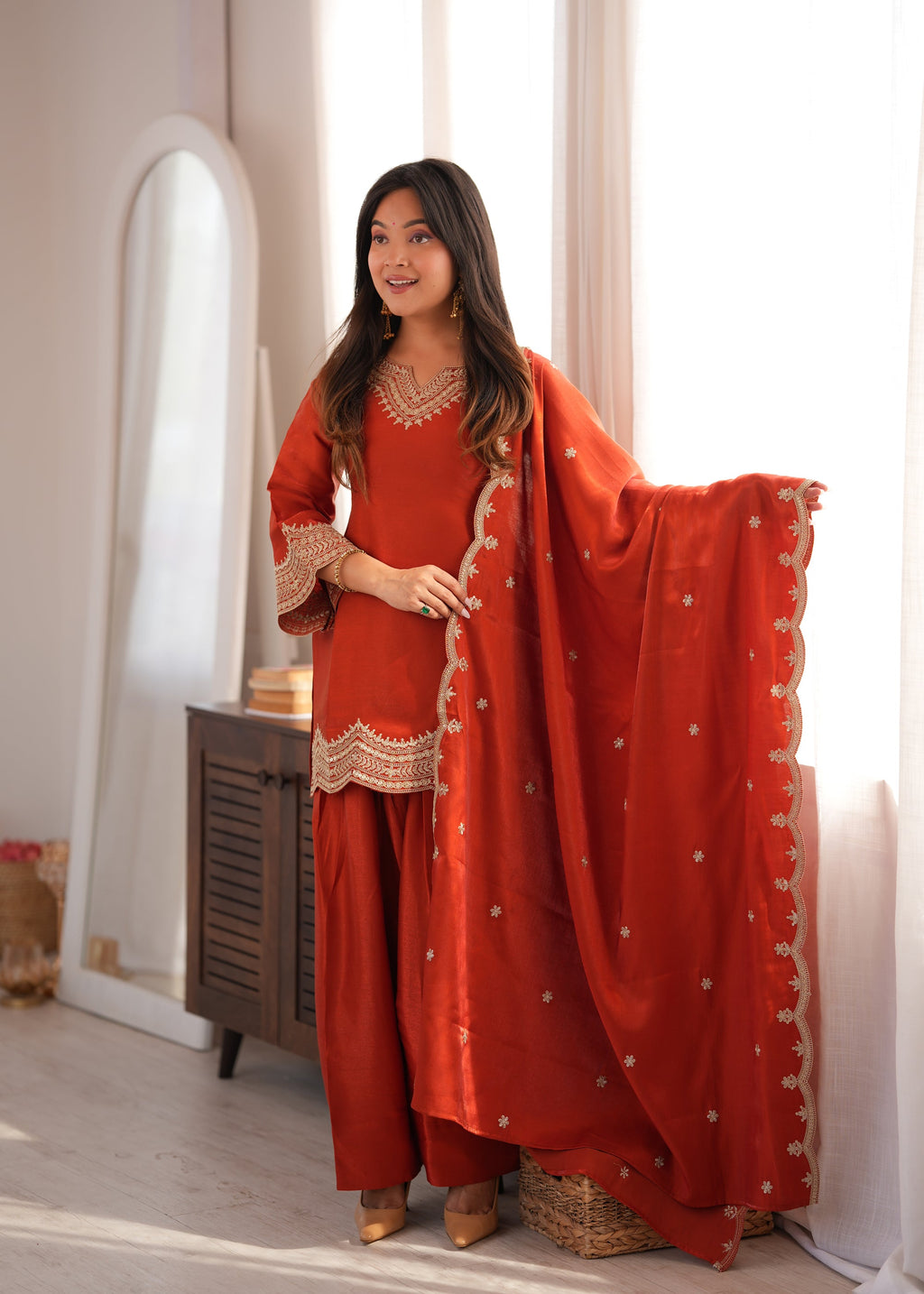 Lorenvalley Fashion Rust Glass Roman Silk with Embroidery Sequence Dori and Jari Work Kurta Farshi Salwar with Dupatta | Grocsy